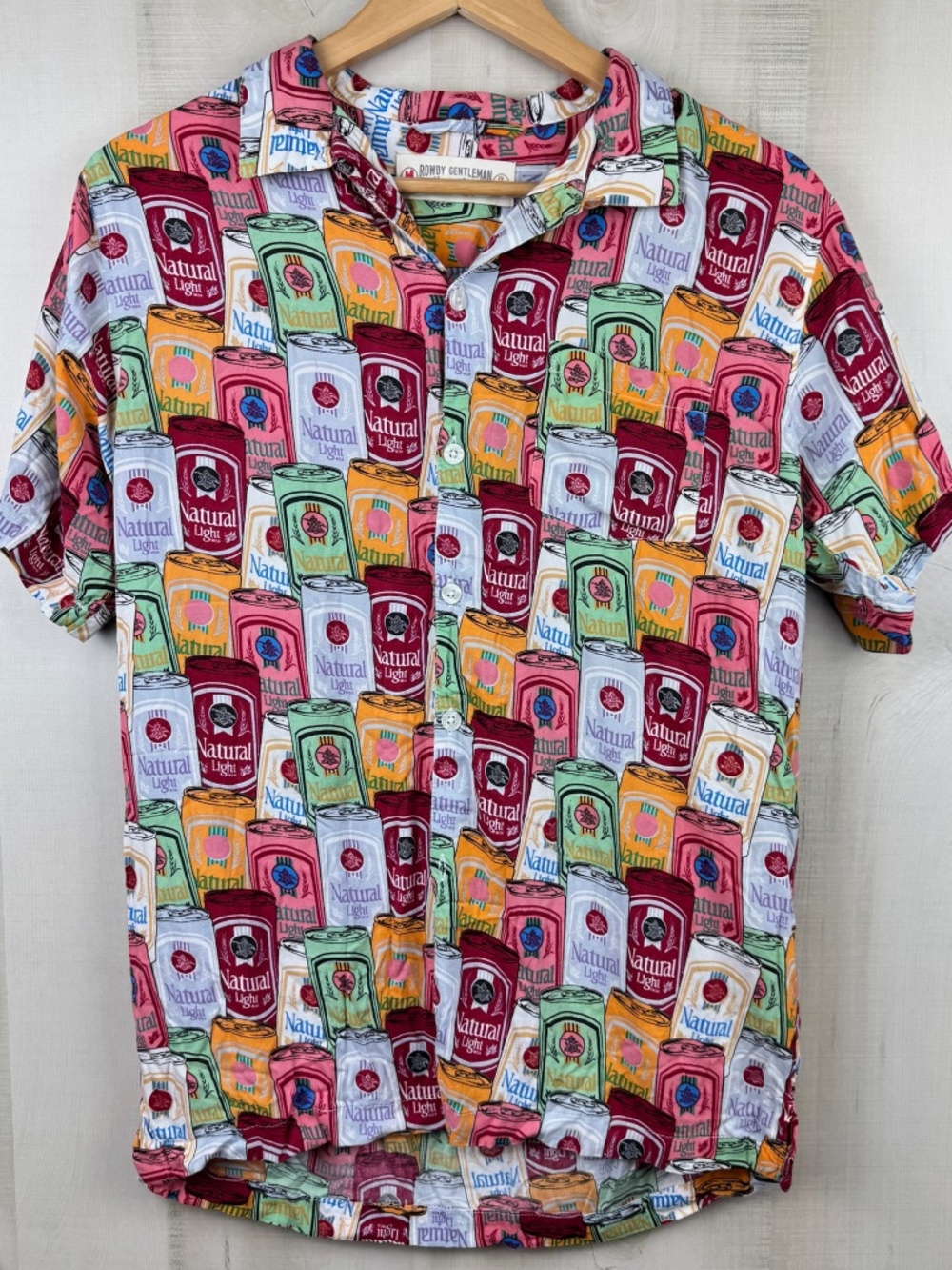 Rowdy Gentleman Men’s Short Sleeve Shirt Natural Light Cans Natty Warhol Medium